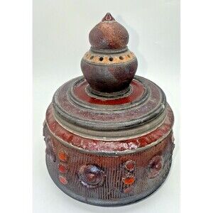 Vintage Raku (?) Lidded Rustic Brutalist Sytle Jar Signed 7.5” Studio Pottery